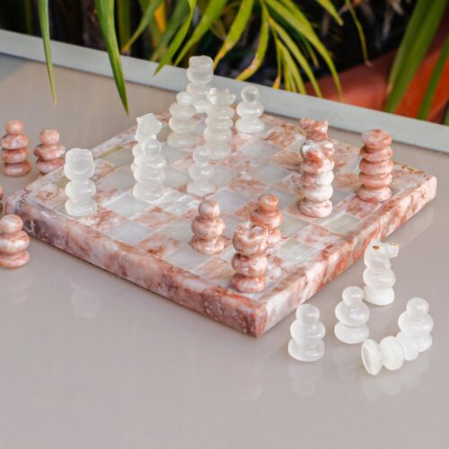 Onyx and Marble Chess Set in Pink and Ivory from Mexico, 'Pink and Ivory Challenge'