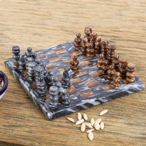 Onyx and Marble Mini Chess Set Handcrafted in Mexico, 'Earth Challenge'