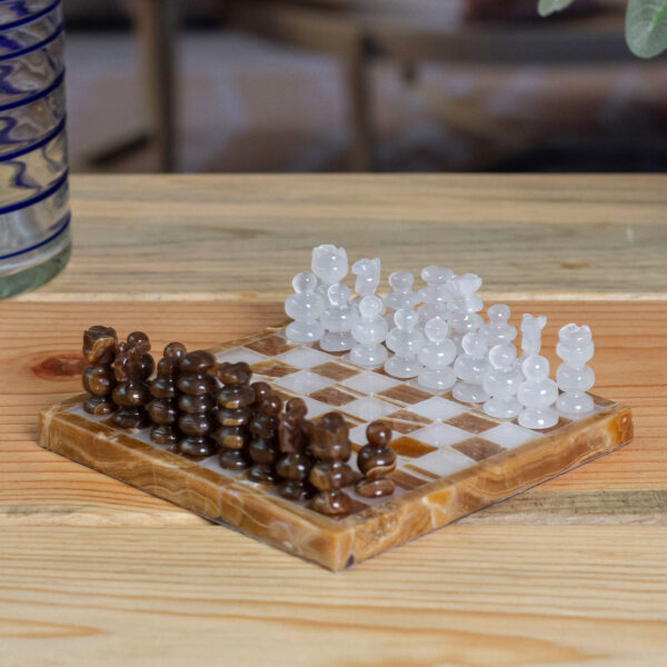 Onyx and Marble Mini Chess Set in Brown and Ivory (5 In), 'Brown and Ivory Challenge'