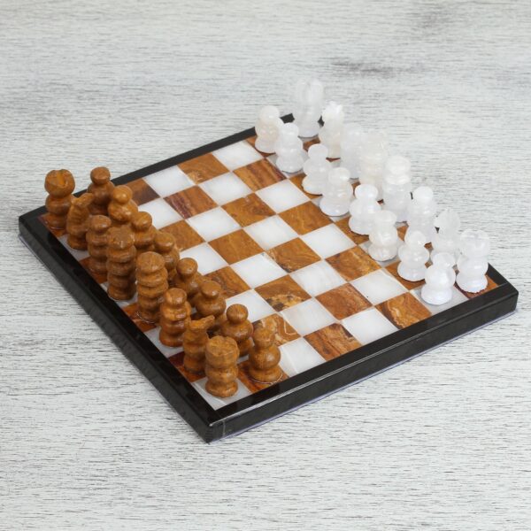 Onyx and Marble Mini Chess Set in Brown and Ivory, 'Cafe Challenge'