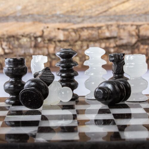 Petite Mexican Black Obsidian-White Marble Chess Pieces Set, 'Black and White Challenge'