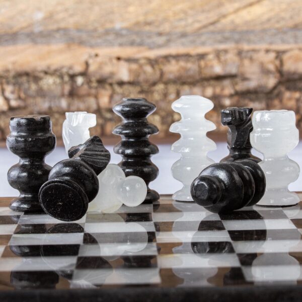 Petite Mexican Black Obsidian-White Marble Chess Pieces Set, 'Black and White Challenge'