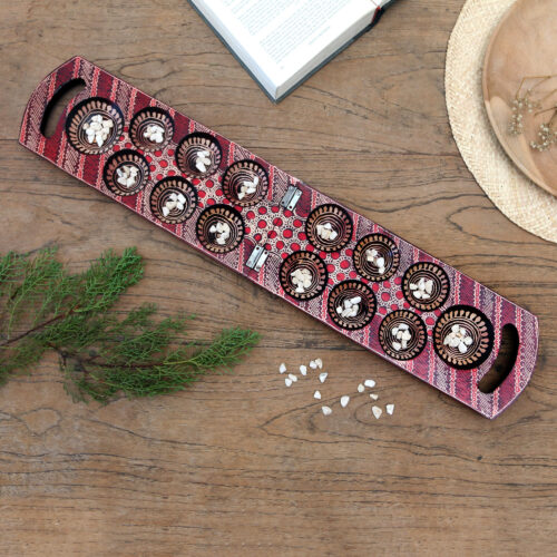 Red Batik Wood Mancala Board Game Handcrafted in Java, 'Red Clever Leisure'