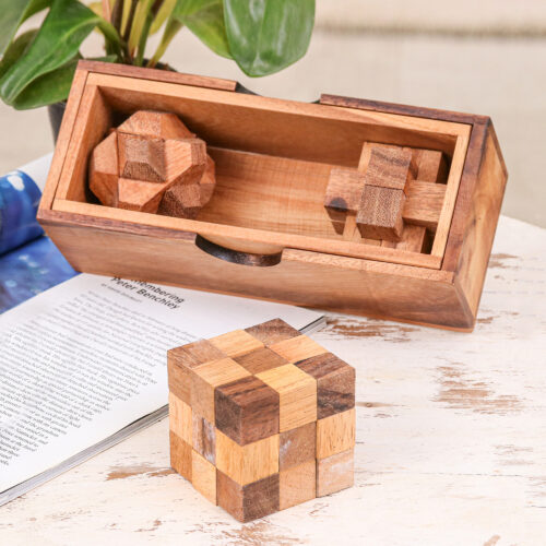 Set of 3 Raintree and Rubberwood Puzzles with Storage Box, 'Game Time'