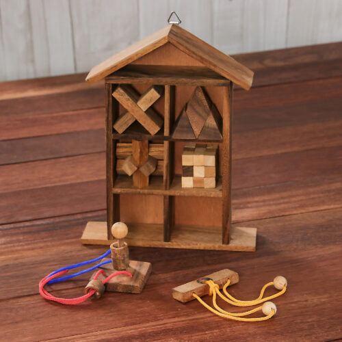 Six Rain Tree Wood Puzzles with Box from Thailand, 'Household Challenge'