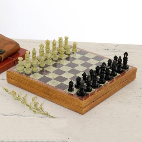 Soapstone Self-Storing Chess Set from India, 'Royal Charm'