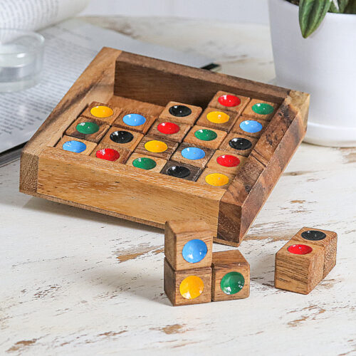 Sudoku-Inspired Raintree Wood Game with Colorful Pieces, 'Colorful Sudoku'