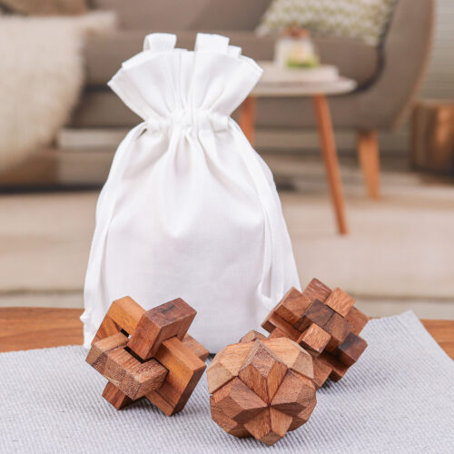 Three Thailand-Made Raintree Wood Puzzles with Storage Pouch, 'Playful Moments'