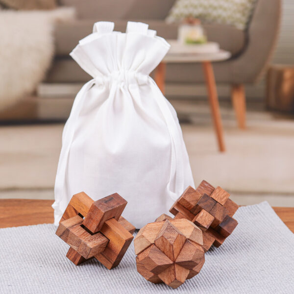 Three Thailand-Made Raintree Wood Puzzles with Storage Pouch, 'Playful Moments'