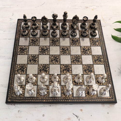 Traditional Brass Chess Set with Wooden Red Storage Box, 'Rewari's Challenge'