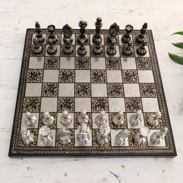 Traditional Brass Chess Set with Wooden Red Storage Box, 'Rewari's Challenge'