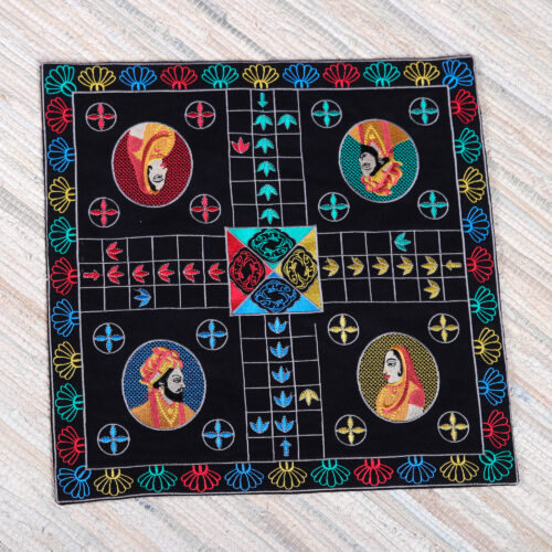 Traditional Embroidered Black Cotton Ludo Game from India, 'Game of Royals at Night'