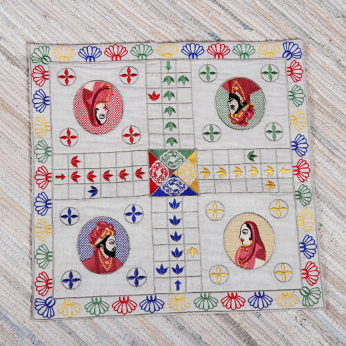 Traditional Embroidered Ecru Cotton Ludo Game from India, 'Game of Royals'