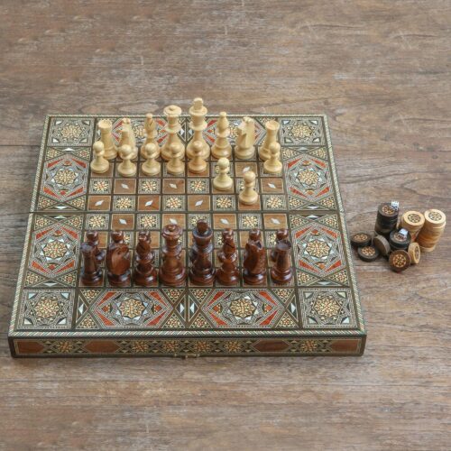 Wood Chess and Backgammon Set with Mother of Pearl, 'Crossroads'