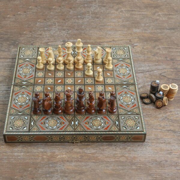 Wood Chess and Backgammon Set with Mother of Pearl, 'Crossroads'
