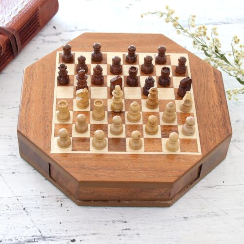 Wood Mini Chess Set with a Magnetic Board from India, 'Mind Battle'