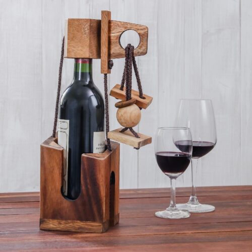 Wood Puzzle and Wine Bottle Holder from Thailand, 'Don't Break The Bottle'