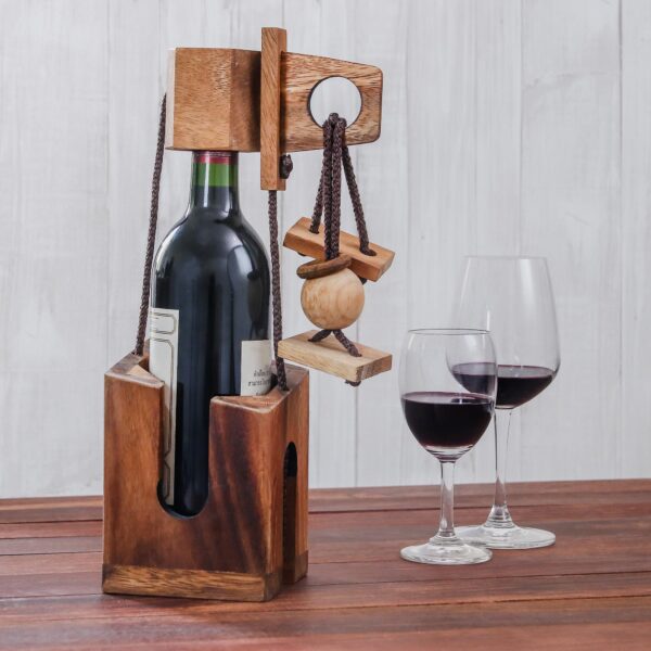 Wood Puzzle and Wine Bottle Holder from Thailand, 'Don't Break The Bottle'