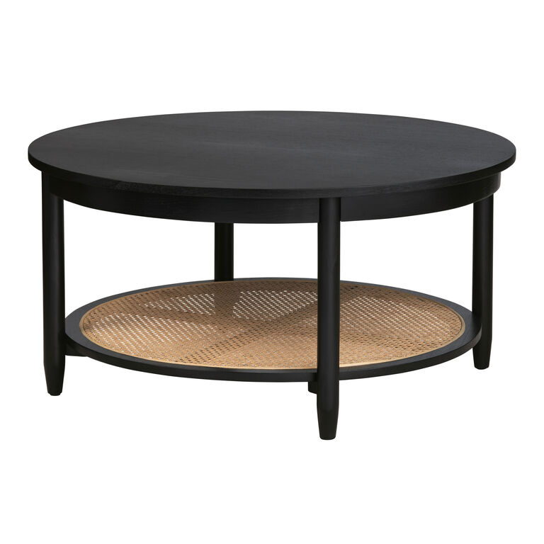 Connaught Round Black Wood and Rattan Coffee Table with Shelf