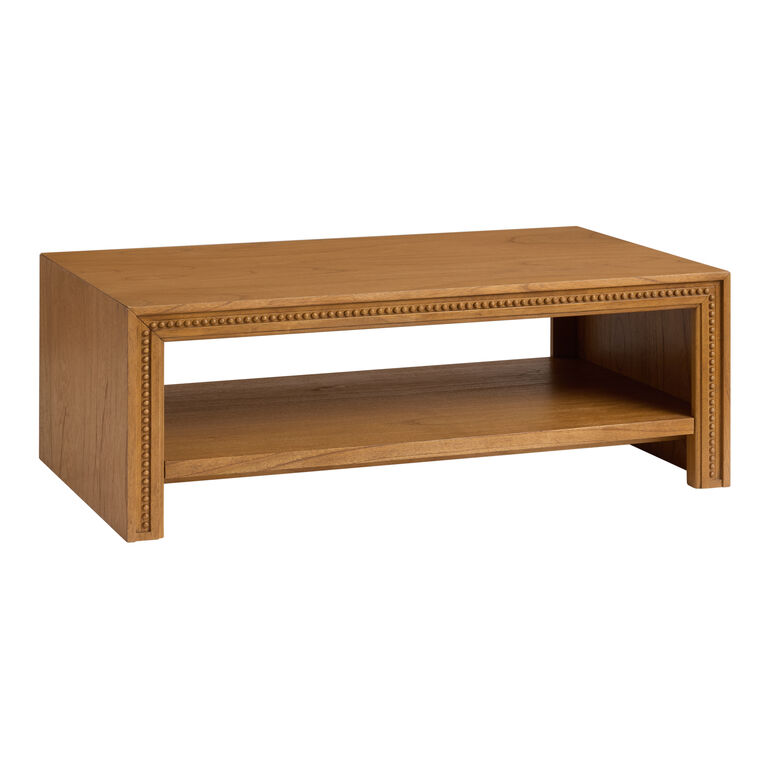 Java Honey Carved Wood Beaded Coffee Table with Shelf