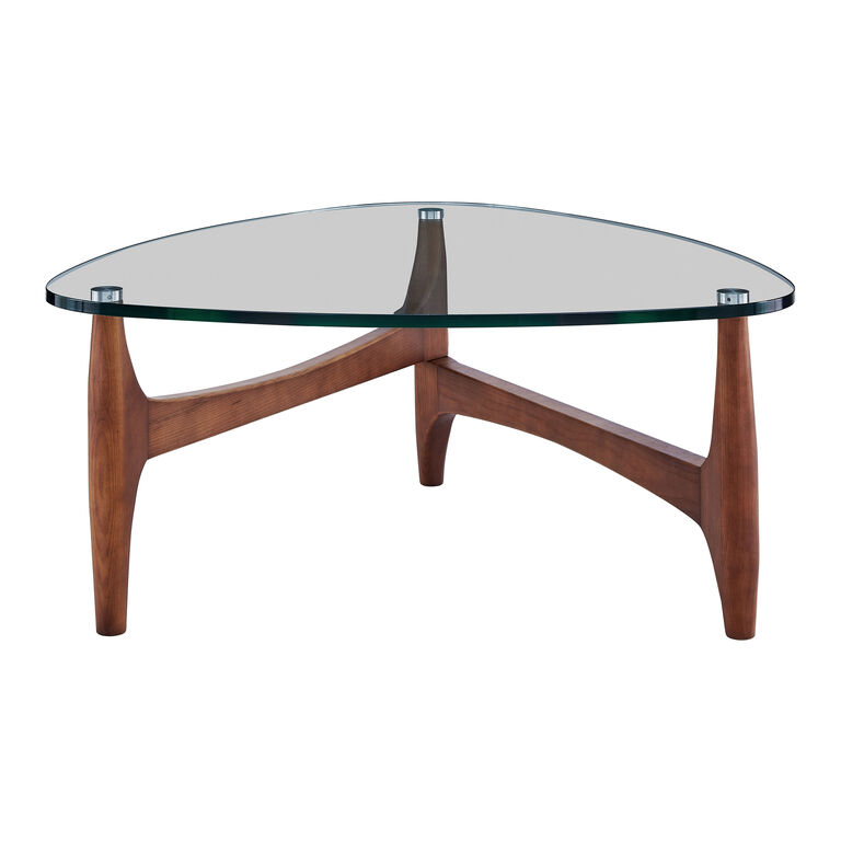 Kayla Triangular Walnut Wood and Glass Top Coffee Table