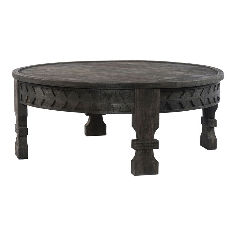 Rakesh Round Dark Gray Reclaimed Wood Carved Coffee Table